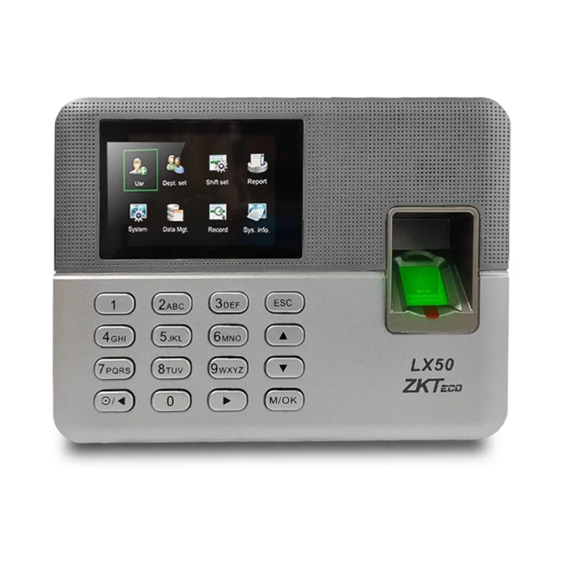 LX50 : pointeuse avec rapport SSR (Self-Service-Recorder) stocké dans l'horloge de pointage, applicable aux petites chaînes de magasins. Les informations sur les employés peuvent être rédigées au format Excel. Il est également équipé en standard d'un hôte USB et d'un client USB, d'une conception de forme intelligente, en particulier avec un écran TFT de 2,8 pouces, d'une interface vive pour la qualité de l'image des empreintes digitales et le résultat de la vérification, etc.