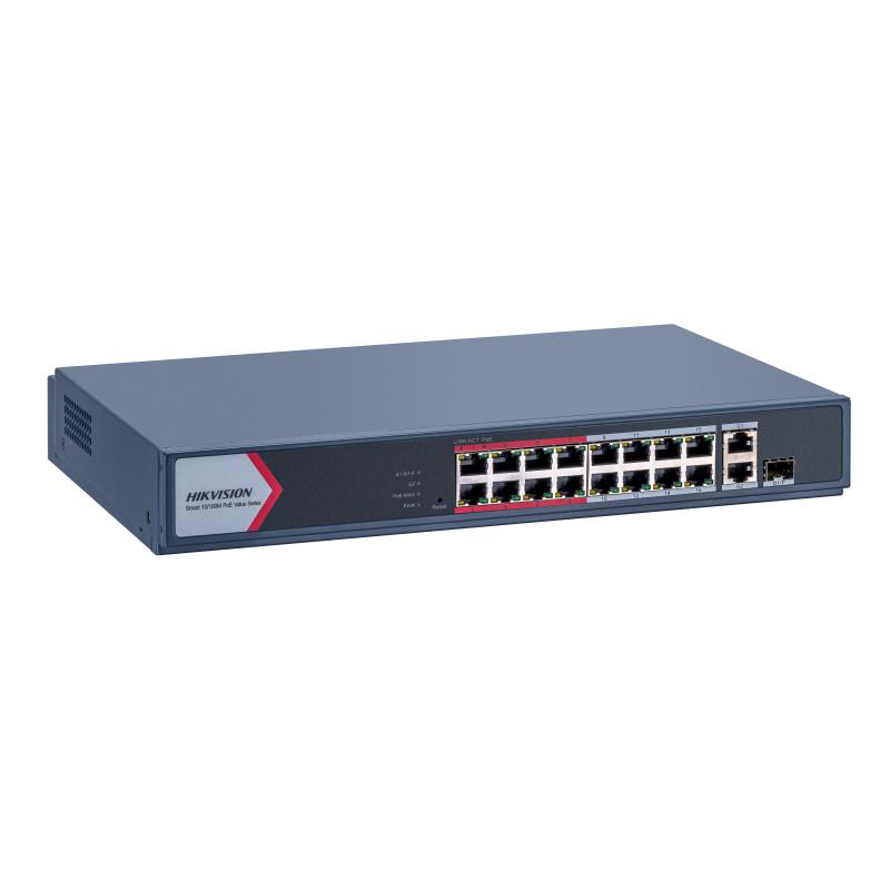 DS-3E1318P-EI/M DS-3E1518P-EI : Le switch Gigabit 16 ports RJ45 PoE RJ45 intelligent Commutateur Gigabit 1 porte gigabit 1 port fibre optique gigabit Budget d'alimentation PoE total 230 W Marque Hik vision